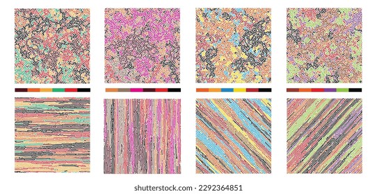 Set of 8 abstract brain patterns reaction biology diffusion turing vertical horizontal diagonal patterns in square frame on white background. Vector illustration.