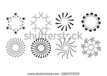A set of 8 abstract circular geometric designs in black. These modern, decorative, and futuristic radial patterns feature dots, lines, and shapes, ideal for logos, icons, or digital art