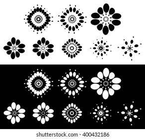 Set of 8 abstract elements, motifs - Circular, rounded element set in black and white