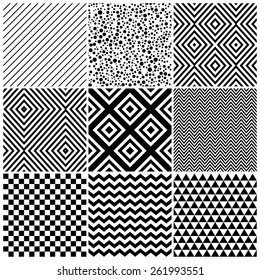 Set of 8 abstract geometric patterns. Classic black and white seamless wallpaper. Vector illustration. Fantasy background with geometric shapes. Zigzag, chevron, checkerboard,circle, rhombus, lines.