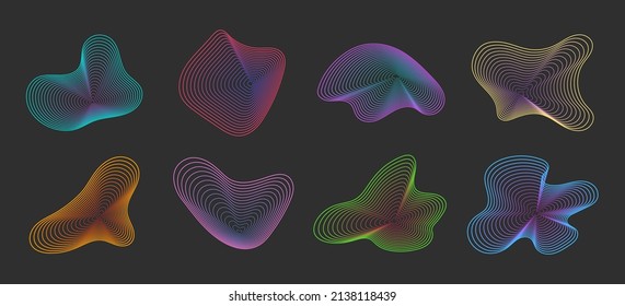 Set of 8 abstract graphic flowing liquid, fluid, organic shapes elements. Dynamic amorphous vector gradient waves and lines. Retro futurism and memphis vaporwave geometric, retro 80s and 90s cyberpunk