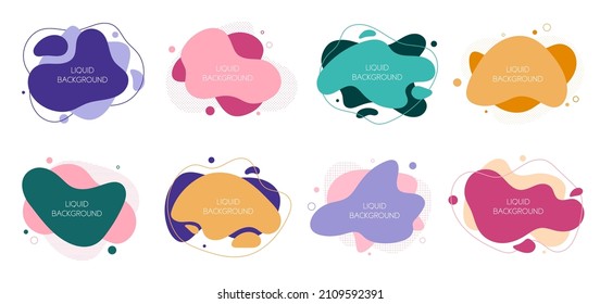 Set of 8 abstract graphic liquid and fluid flat elements. Dynamical waves colored fluid shapes. Isolated banners with flowing shapes. Template for the design of a logo, flyer or presentation. 