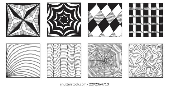 Conjunto de 8 patrones de dibujo manual abstracto en líneas de curva en blanco y negro de marco cuadrado sobre fondo blanco. Ilustración del vector