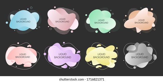 Set of 8 abstract modern graphic liquid elements. Dynamical waves different pastel colored fluid forms. Isolated banners with flowing shapes. Template for the design of a logo, flyer or presentation.