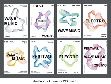 Establece 8 afiches de música abstracta, estilo vectorial de línea, diseño de fondo blanco moderno, gradiente de tendencia, amplitud de sonido, forma dinámica. Plantilla de impresión minimalista, folleto de portada de banners, club de festivales