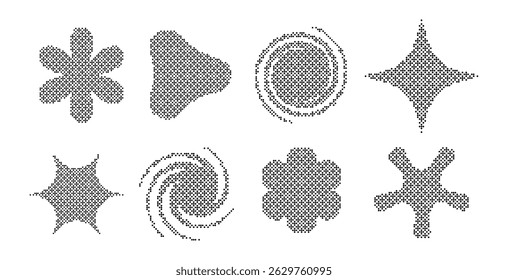 Set of 8 abstract stipple vector shapes — starbursts, spirals, floral and organic forms in halftone dot style. Retro modern bitmap design elements for posters, collages, prints, and more.