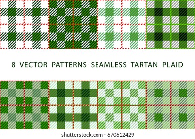 Set of 8 abstract stylish geometrical seamless patterns with celtic ornament of green, black, and white shades VECTOR TARTAN PLAID art