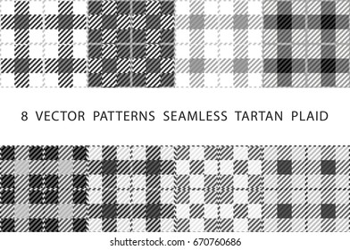 Set of 8 abstract stylish geometrical seamless patterns with celtic ornament of grey and white shades VECTOR TARTAN PLAID art