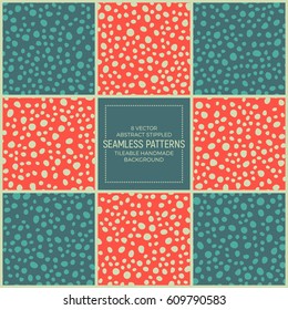 Set of 8 Abstract Vector Funky Stippled Retro Seamless Patterns. Handmade Tileable Hipster Geometric Dotted Vintage Background