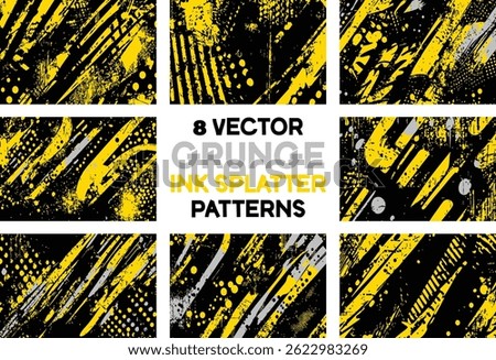 Set of 8 abstract vector grunge patterns. Features yellow, black, and grey ink splatters, distressed stripes, dots, and textures. Edgy backgrounds for modern graphic design projects.