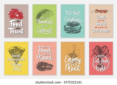 Set of 8 advertising barbecue, meat, fish, seafood, food and eating lettering posters, decoration, prints, cafe or kitchen interior design. Hand drawn typography with sketches. Mono line calligraphy.