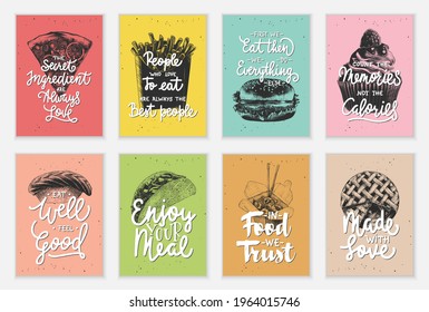 Set of 8 advertising fast, street, truck food and eating lettering posters, decoration, prints, cafe interior design. Hand drawn typography with sketches. Handwritten lettering. Mono line calligraphy.