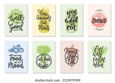 Set of 8 advertising and inspirational healthy food and eating lettering posters, decoration, prints, packaging design. Hand drawn  vector typography with sketches. Handwritten calligraphy.