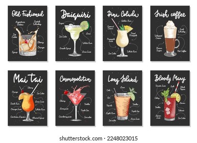 Set of 8 advertising recipe lists with alcoholic drinks, cocktails and beverages lettering posters, wall decoration, prints, menu design. Hand drawn vector engraved sketches. Handwritten calligraphy.