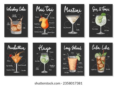 Set of 8 advertising recipe lists with alcoholic drinks, cocktails and beverages lettering posters, wall decoration, prints, menu design. Hand drawn vector engraved sketches. Handwritten calligraphy.