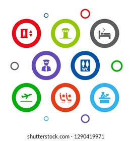 Set of 8 airplane icons set. Collection of pilot, control tower, economy class and other elements.
