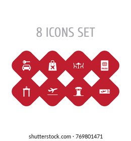 Set Of 8 Airplane Icons Set.Collection Of Shopping Bag, Ticket, Restaurant And Other Elements.