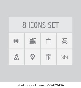 Set Of 8 Airplane Icons Set.Collection Of Pinpoint, Automobile, Airport Gate And Other Elements.