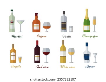 Set of 8 alcohol bottles and glasses. Beverages in flat design. Alcoholic drinks with wineglasses. Vector illustration. Icons isolated on white background.