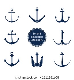 Set of 8 anchors, blue flat anchor isolated on white background, marine equipment, travel and tourism concept, vector illustration