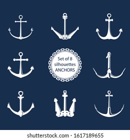 Set of 8 anchors, white flat anchor isolated on blue background, marine equipment, travel and tourism concept, vector illustration