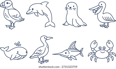 Set of 8 animal creatures. dolphin, whale, swordfish, crab, fur seal, pelican, puffin bird, cormorant. Line art icons on white background. Outline vector illustration