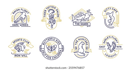 Set of 8 Animals labels and logos. Vintage animals icons with Eagle, Tiger, Shark, Bug isolated on white background. Vector illustration 