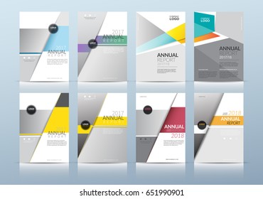 Set of 8 Annual report covers, flyer, presentation, magazine, brochure. Front page with A4 mark and  bleed guide. Design layout template in A4 size with mark for adding images.