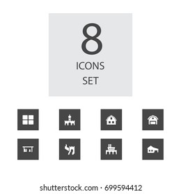 Set Of 8 Architecture Icons Set.Collection Of Garage, Chinese Wall, Farm And Other Elements.