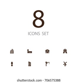 Set Of 8 Architecture Icons Set.Collection Of Skyscraper, Farm, Farm Mill And Other Elements.