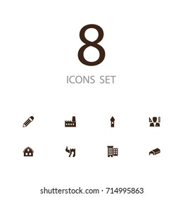 Set Of 8 Architecture Icons Set.Collection Of Business Center, Designer, Belfry And Other Elements.