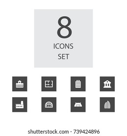 Set Of 8 Architecture Icons Set.Collection Of Academy, Blueprint, Skyscraper And Other Elements.
