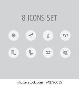 Set Of 8 Astrology Icons Set. Collection Of telescope, Zodiac Sign, Solar And Other Elements.