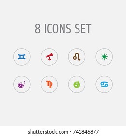 Set Of 8 Astrology Icons Set.Collection Of Twins, Crab, Binoculars And Other Elements.