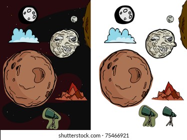 Set of 8 astronomy, moon, mars and planet images on space field and isolated