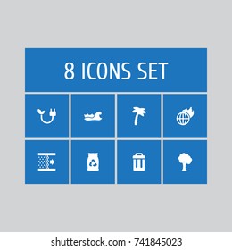 Set Of 8 Atmosphere Icons Set.Collection Of Wood, Tree, Garbage Bag And Other Elements.