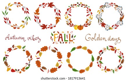 Set of 8 autumn fall circle wreaths with oak, maple leaves, mushrooms, acorns, branches. Seasonal isolated elements. Round frame template. Flat cartoon design. For cards, posters, banners. Lettering.
