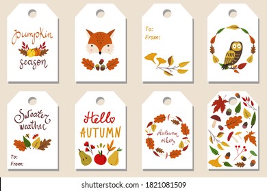 Set of 8 autumn fall gift tags. Leaves, fox, owl, pumpkin. Lettering and wreaths. Isolated elements. Vector illustration. Printable seasonal labels templates. For Thanksgiving, birthday presents.