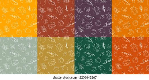 Conjunto de 8 patrones dibujados a mano en otoño sobre diversos colores de otoño. Hojas de otoño blancas dibujadas a mano, hojas de arce, bellota, calabaza. Ilustraciones vectoriales de patrones de caída. Repetible y sin fisuras.