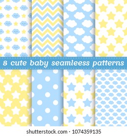 Set of 8 baby seamless patterns in blue, yellow and white colors. Vector illustration