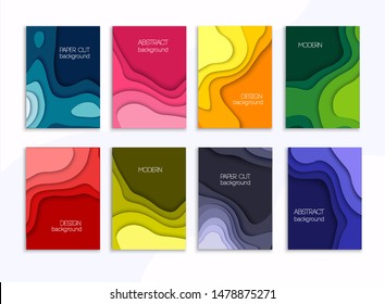 Set of 8 backgrounds with colorful paper cut shapes. 3D abstract paper art style, design layout for business presentation. Cover layout design template.