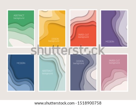 Set of 8 backgrounds with colorful paper cut shapes. 3D abstract paper art style, design layout for business presentation. Cover layout design template.