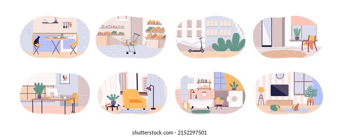 A set of 8 backgrounds with interiors and locations of houses and apartments, streets, kitchens, bathrooms and bedrooms. Flat cartoon vector illustration.