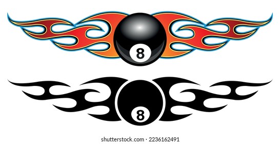 Set of 8 ball and fire flame vector illustrations. Burning 8 ball billiard graphic car sticker and logo template.