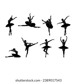 Set of 8 ballerina silhouette flat vectors on white background. Collection of ballet dance moves. Black and white ballet dancer icons. Performing arts. Recreation.