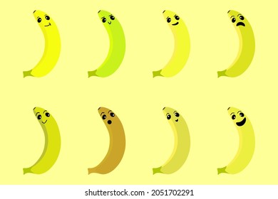 A set of 8 banana smileys with original design. Cartoon vector smiles. Expression of emotions for social networks. Funny icons. Fruit stickers.