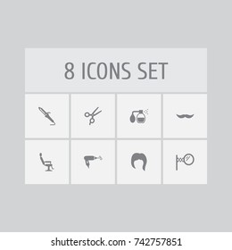 Set Of 8 Barber Icons Set. Collection Of Whiskers, Shears, Elbow Chair And Other Elements.