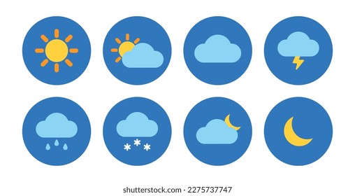  Set of 8 basic weather icons. Can be used for web, apps, stickers. Isolated vector.