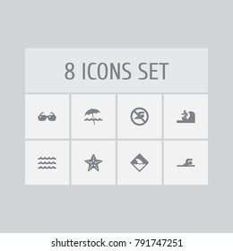 Set Of 8 Beach Icons Set.Collection Of No Swimming Sign, Wave, Diver And Other Elements.