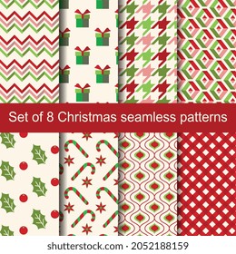 Set of 8 beautiful Merry Christmas geometric seamless patterns with leaves, flowers, Chevron, stripes, gingham, houndstooth, tartan, gift boxes, candy canes and Moroccan lattice. Vector illustration.